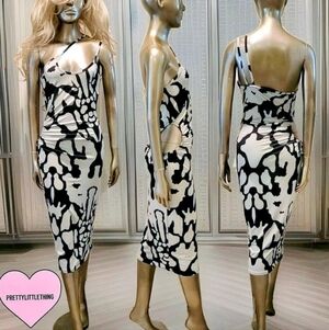 NWT PLT Monochrome Abstract Print Slinky Ruched Cut Out Midi Dress Sz 8